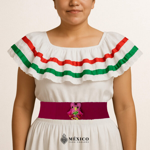 Fuchsia Mexican Waist Belt – Pink Bird Felt Embellishment