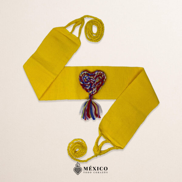 Yellow Artisan Mexican Waist Belt – Multicolor Yarn Heart Embellishmen