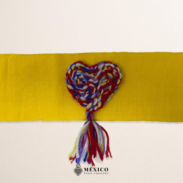 Yellow Artisan Mexican Waist Belt – Multicolor Yarn Heart Embellishmen