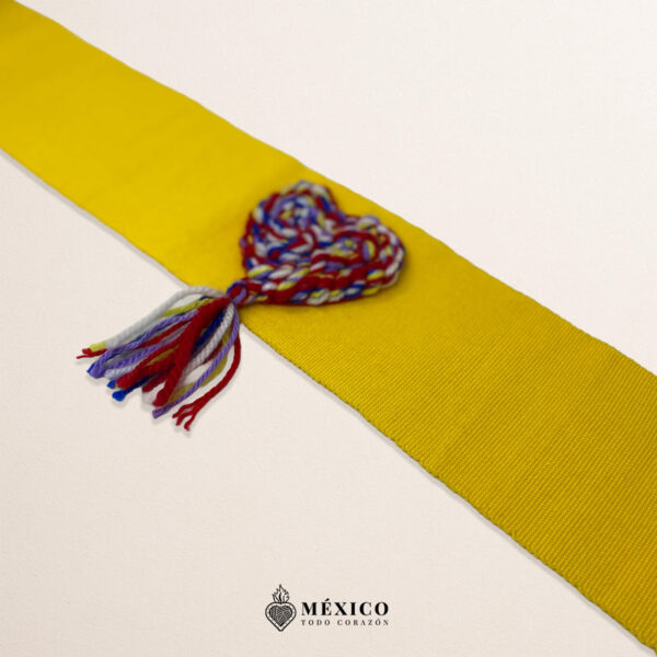 Yellow Artisan Mexican Waist Belt – Multicolor Yarn Heart Embellishmen