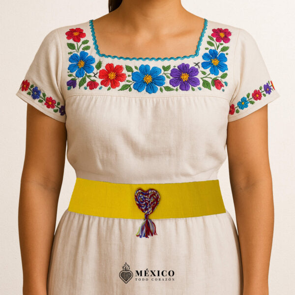 Yellow Artisan Mexican Waist Belt – Multicolor Yarn Heart Embellishmen