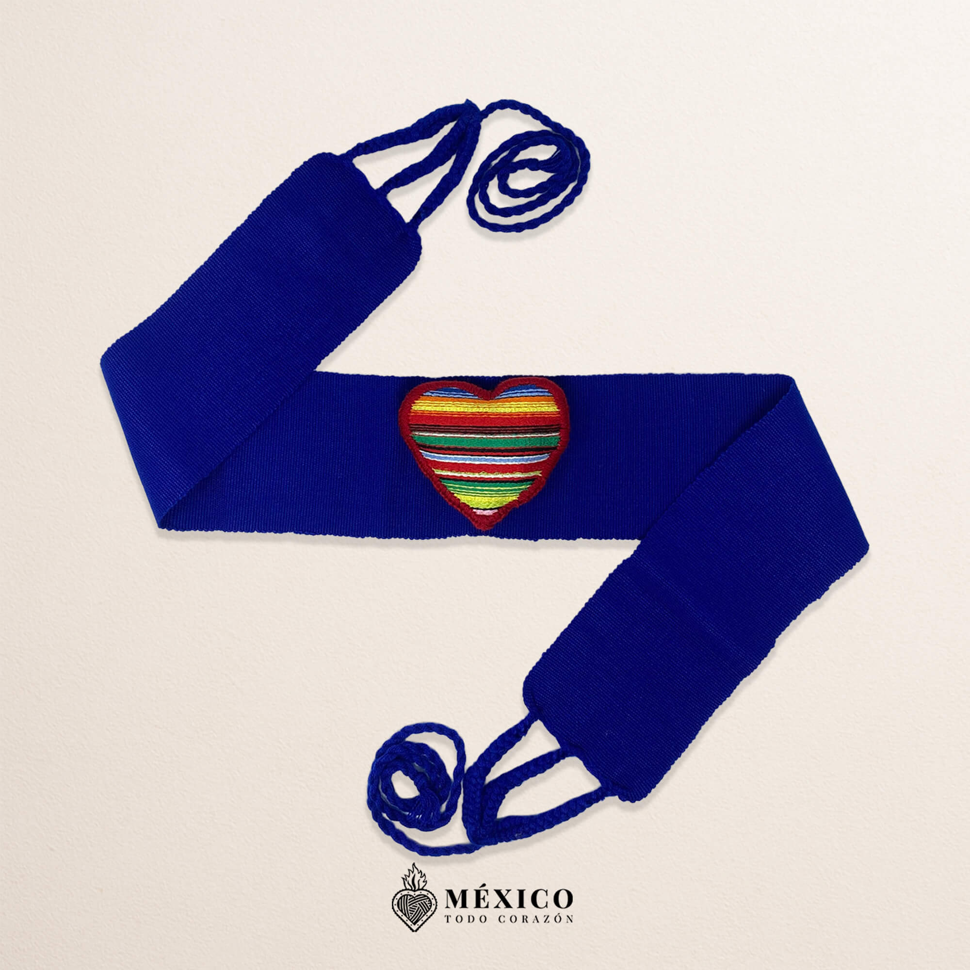 Blue Artisan Mexican Waist Belt – Heart Embellishment in Multicolor Yarn