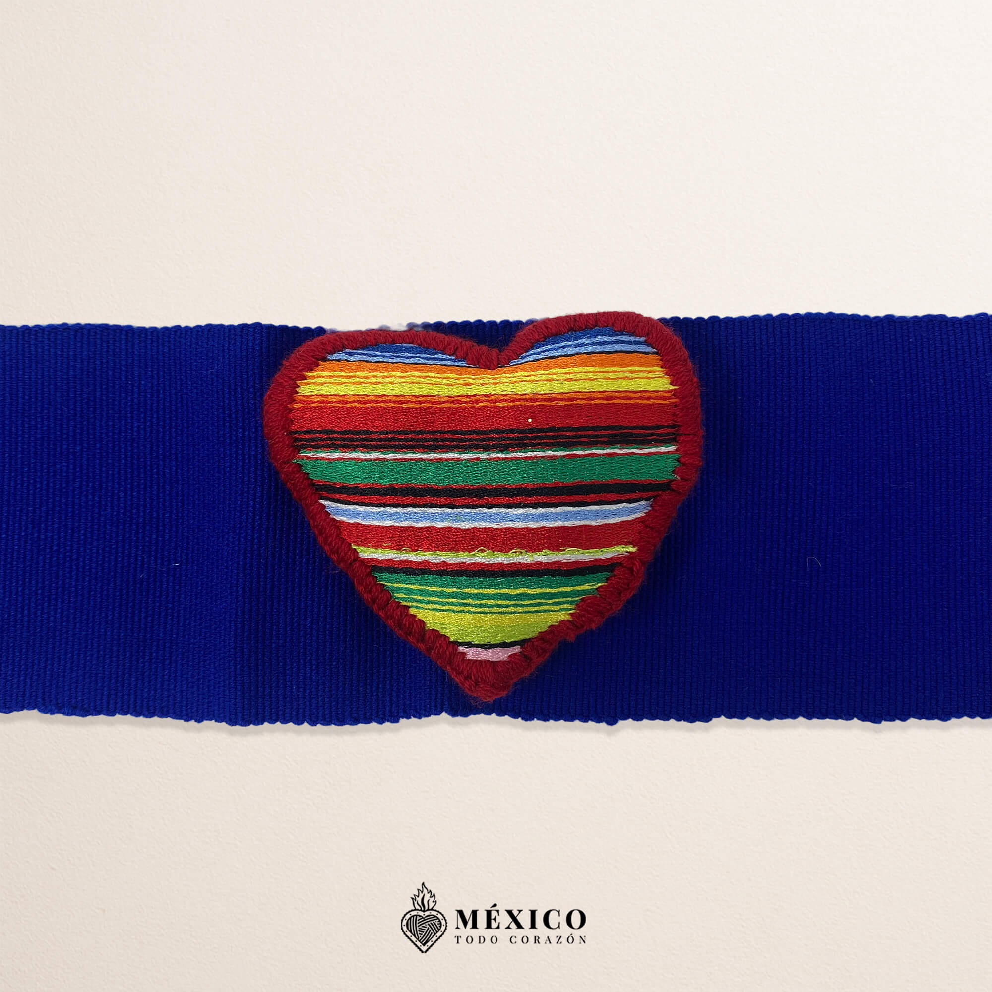 Blue Artisan Mexican Waist Belt – Heart Embellishment in Multicolor Yarn