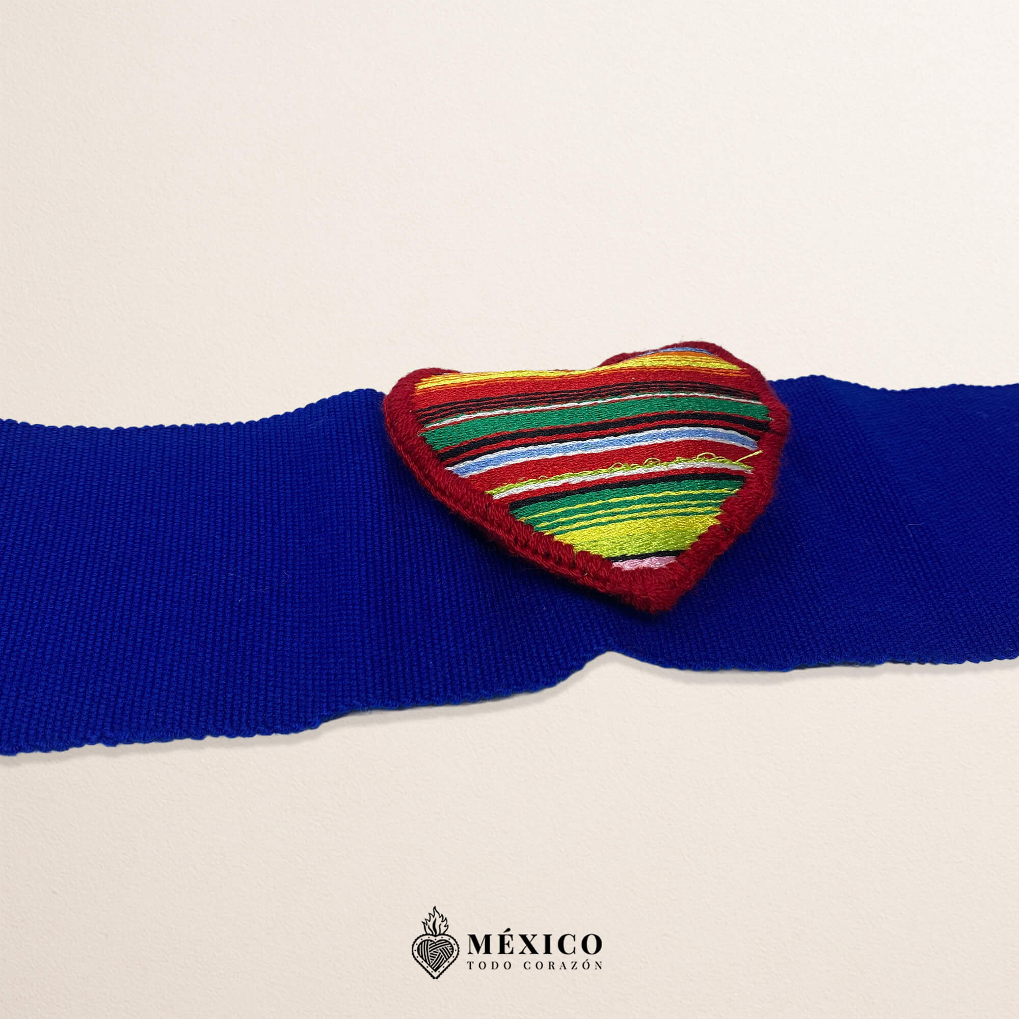 Blue Artisan Mexican Waist Belt – Heart Embellishment in Multicolor Yarn