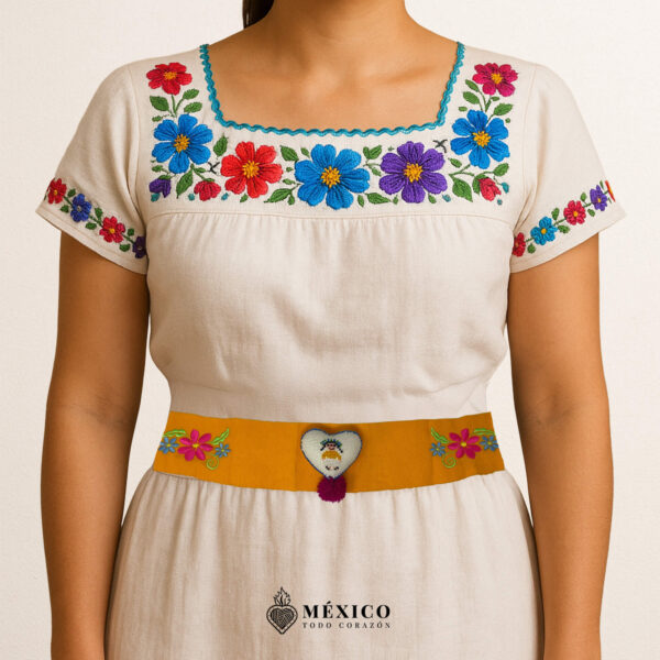 Yellow Artisan Mexican Waist Belt – Heart Embellishment in White Felt