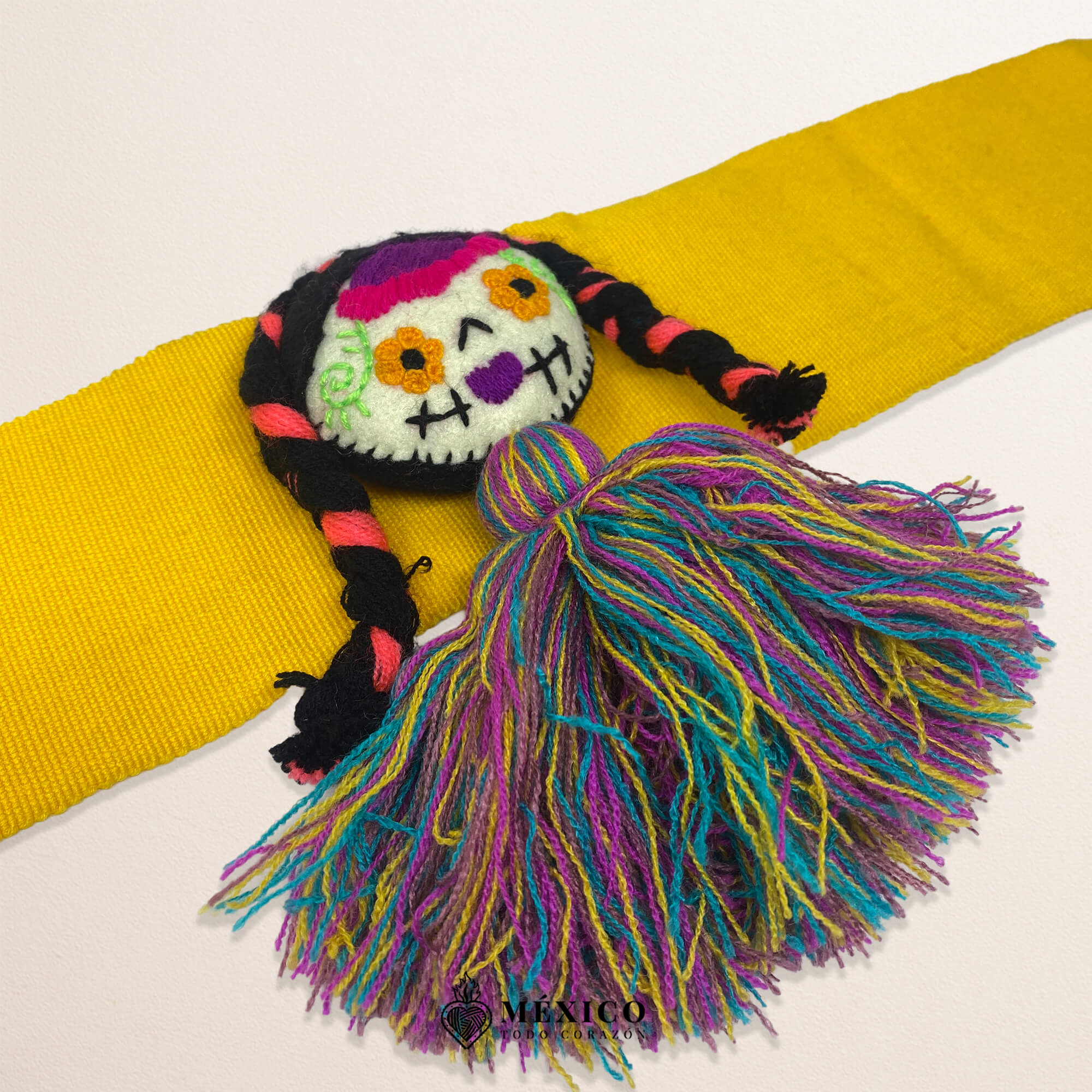 Yellow Artisan Mexican Waist Belt Mexican Doll Embellishment in Multicolor Felt