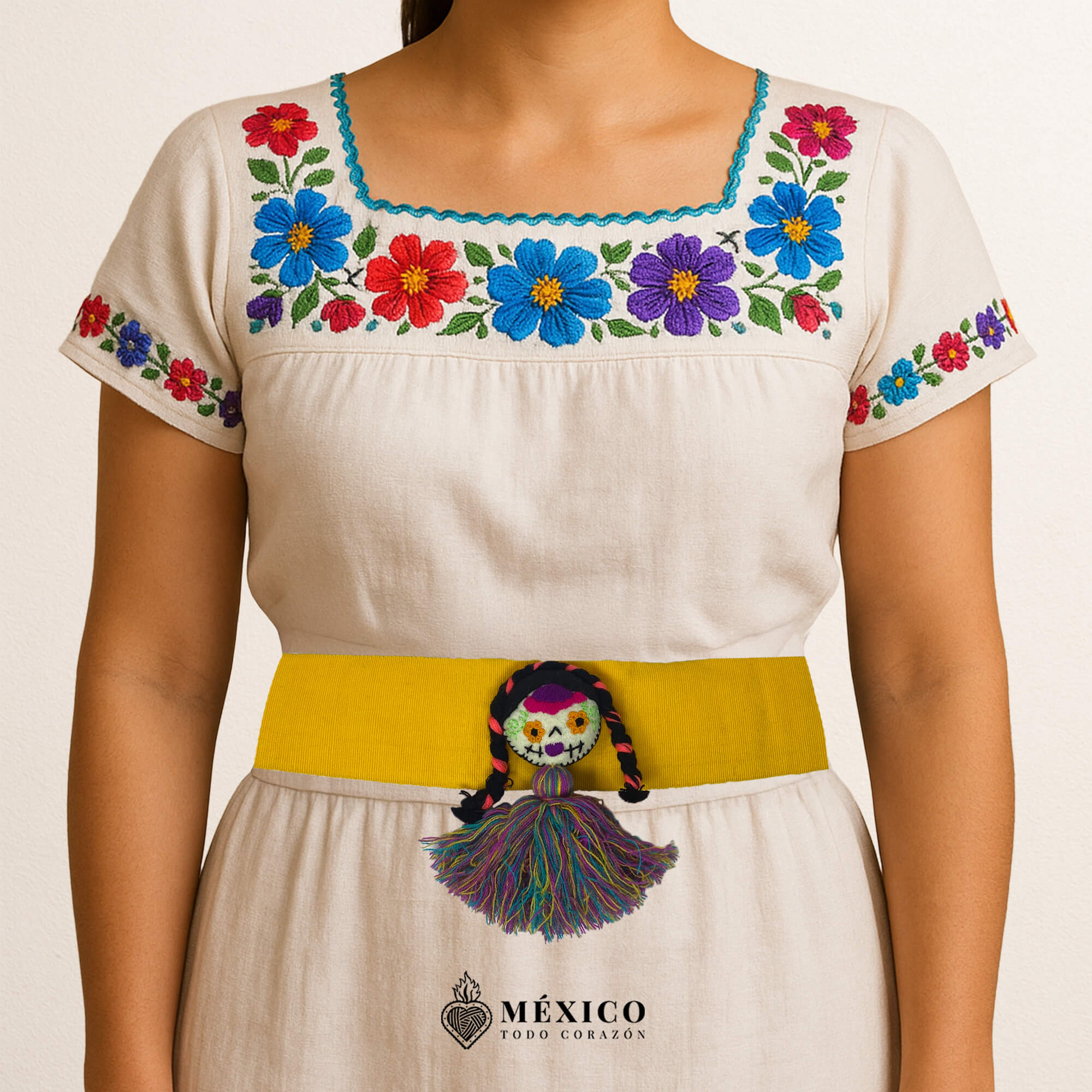 Yellow Artisan Mexican Waist Belt Mexican Doll Embellishment in Multicolor Felt