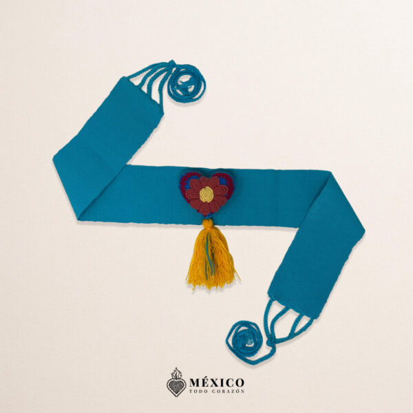 Cyan Artisan Mexican Waist Belt – Heart Embellishment in Multicolor Yarn