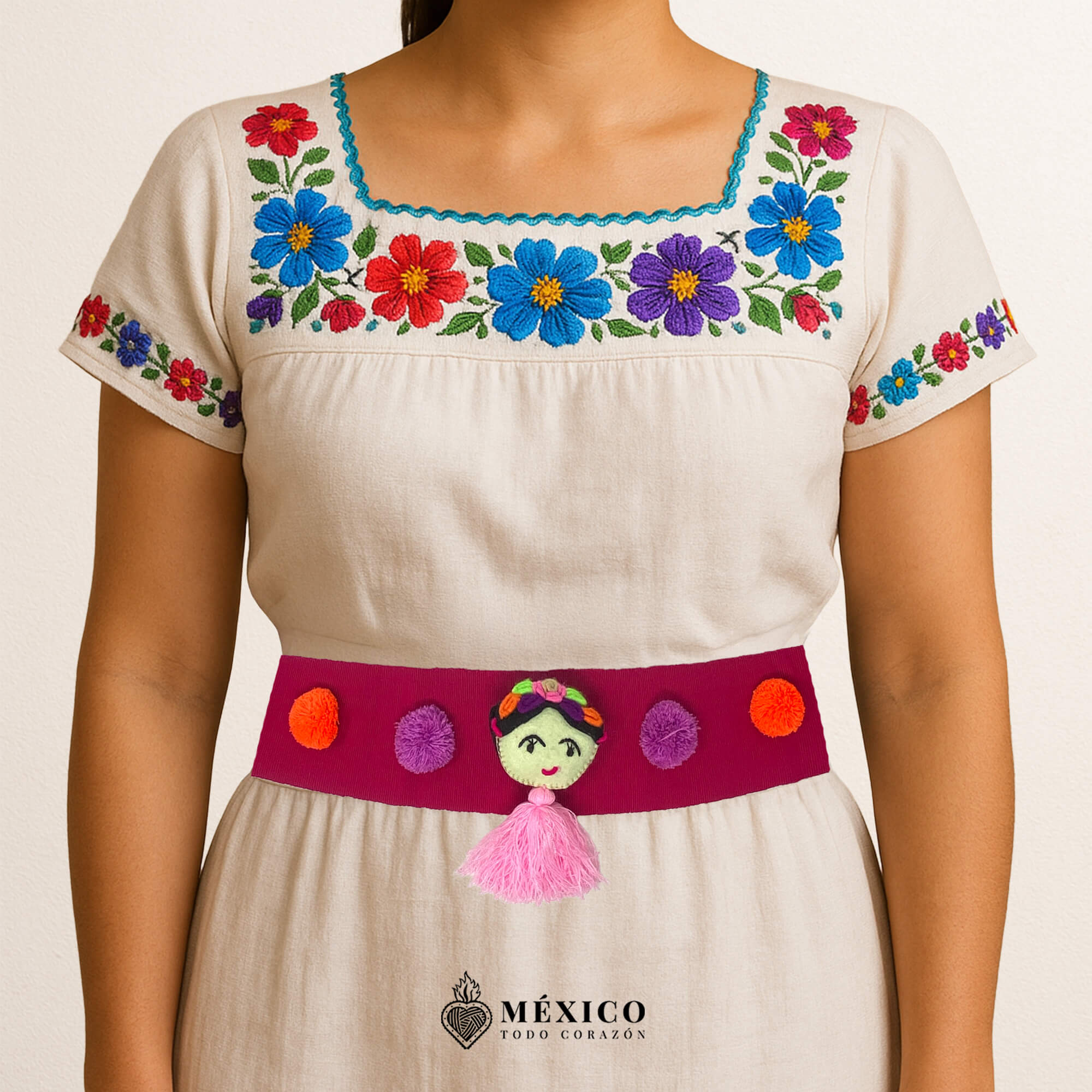 Fuchsia Artisan Mexican Waist Belt – Doll Embellishment in Multicolor Pom-Poms