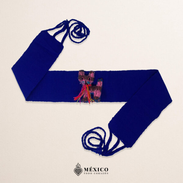 Blue Artisan Mexican Waist Belt – Cat Embellishment in Yarn