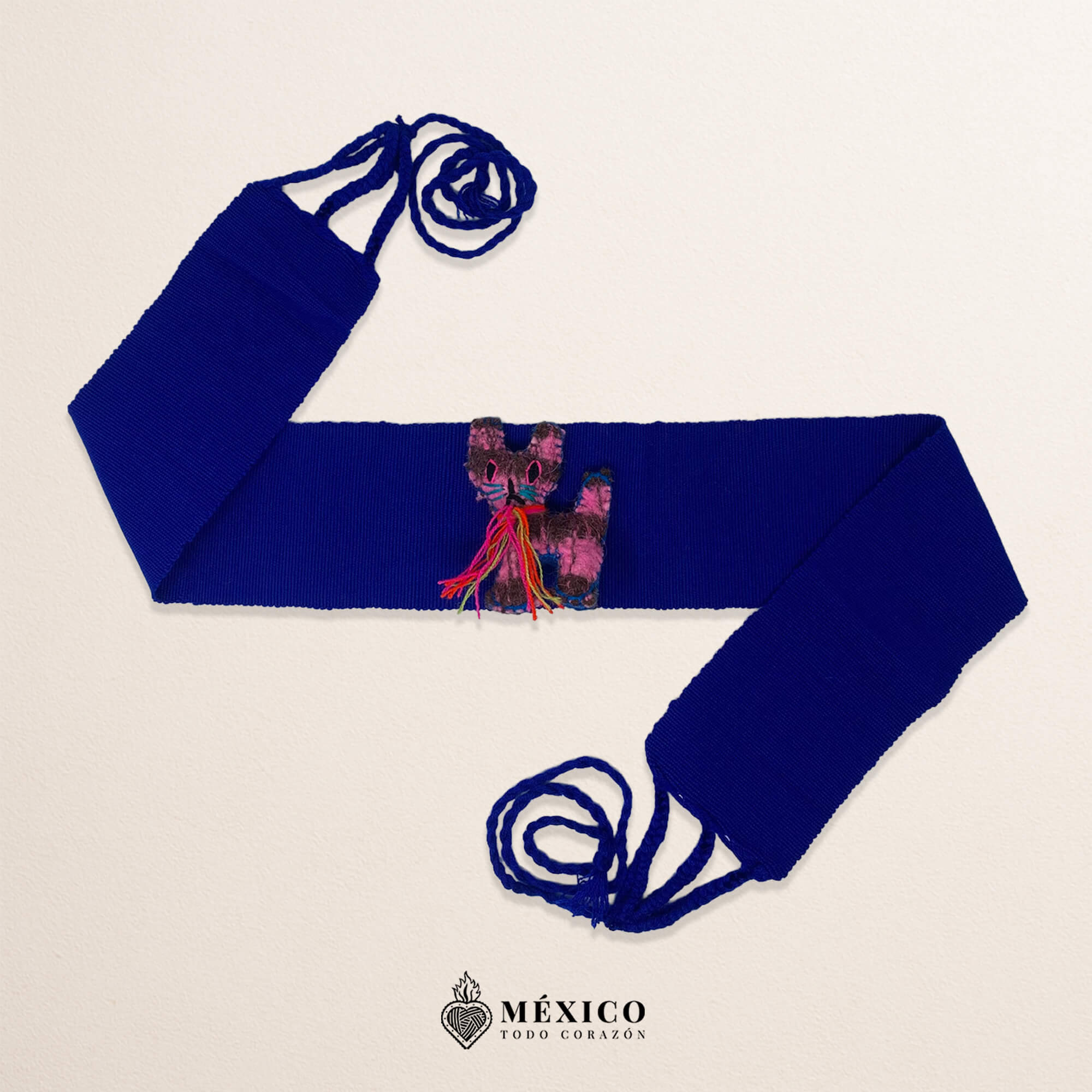 Blue Artisan Mexican Waist Belt – Cat Embellishment in Yarn
