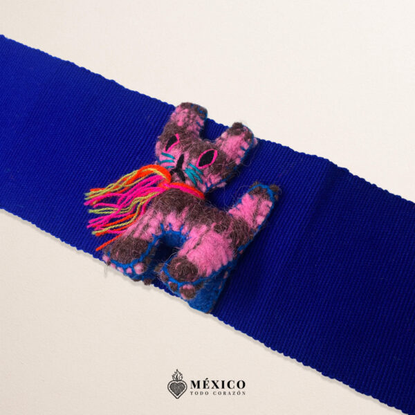 Blue Artisan Mexican Waist Belt – Cat Embellishment in Yarn