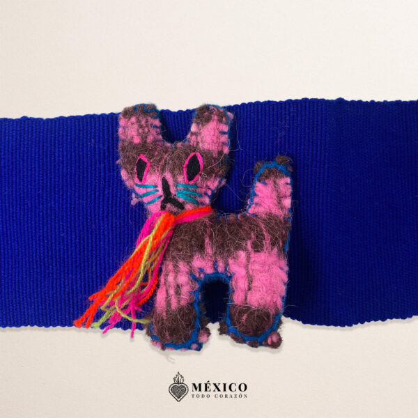 Blue Artisan Mexican Waist Belt – Cat Embellishment in Yarn