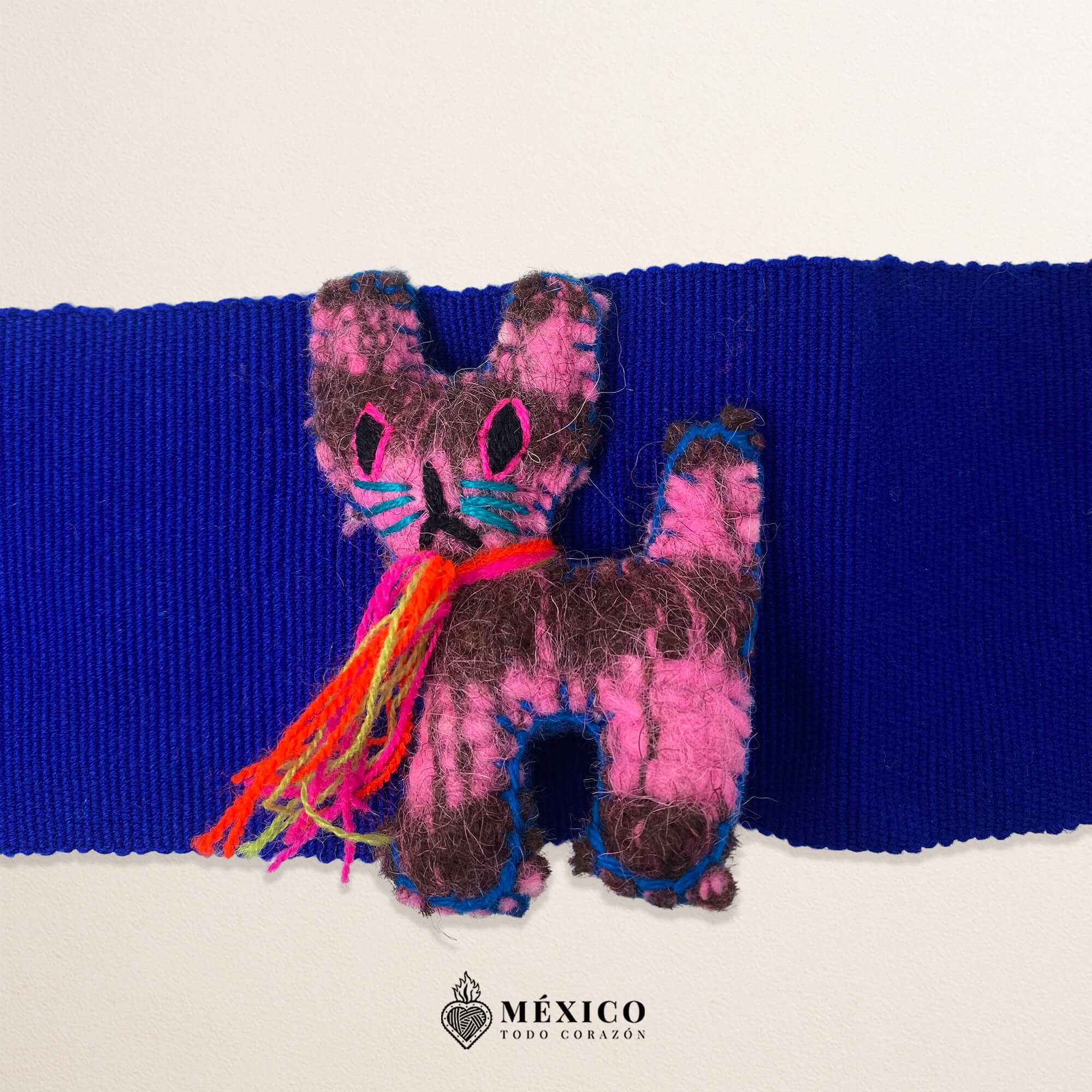 Blue Artisan Mexican Waist Belt – Cat Embellishment in Yarn