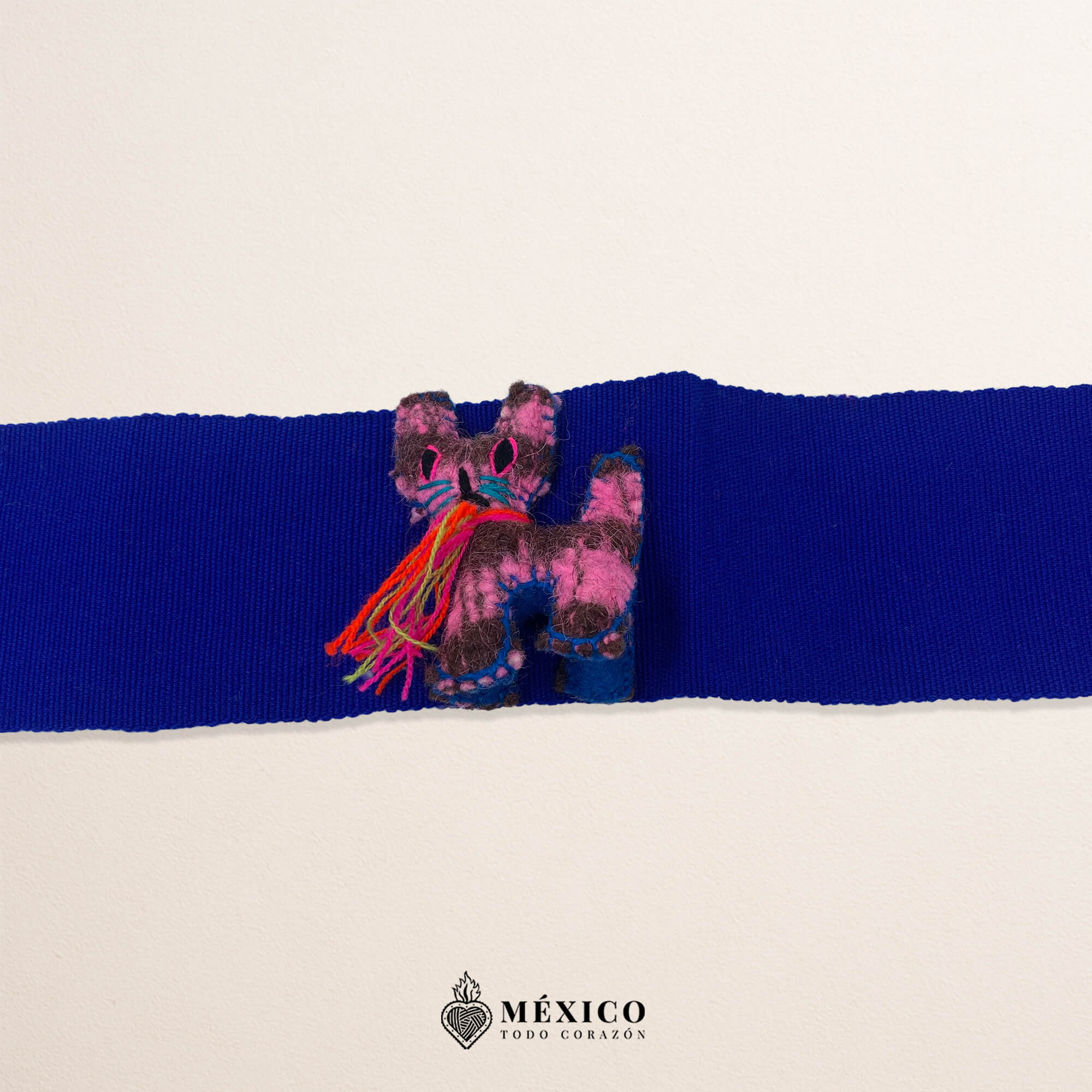 Blue Artisan Mexican Waist Belt – Cat Embellishment in Yarn
