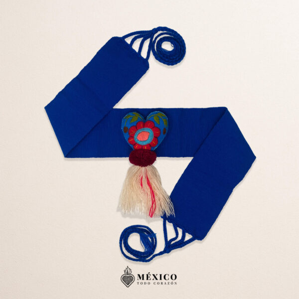 Blue Artisan Mexican Waist Belt – Heart Embellishment in Multicolor Yarn