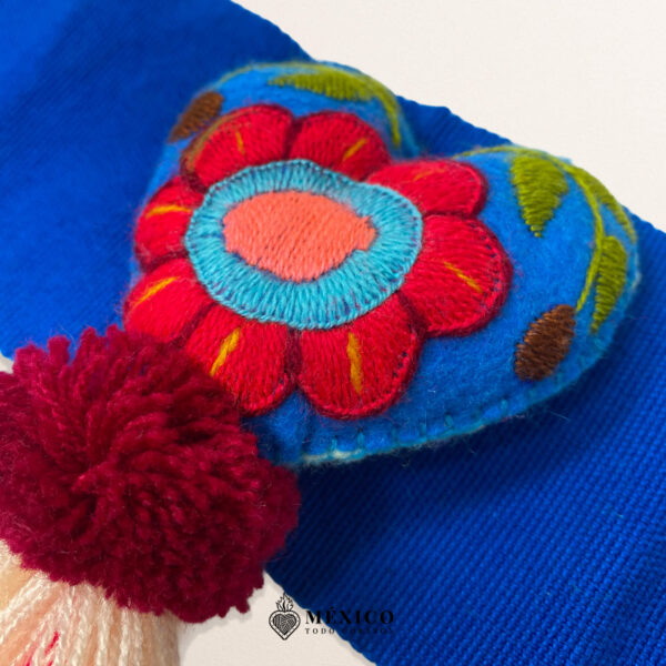 Blue Artisan Mexican Waist Belt – Heart Embellishment in Multicolor Yarn