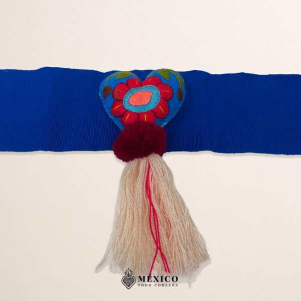 Blue Artisan Mexican Waist Belt – Heart Embellishment in Multicolor Yarn