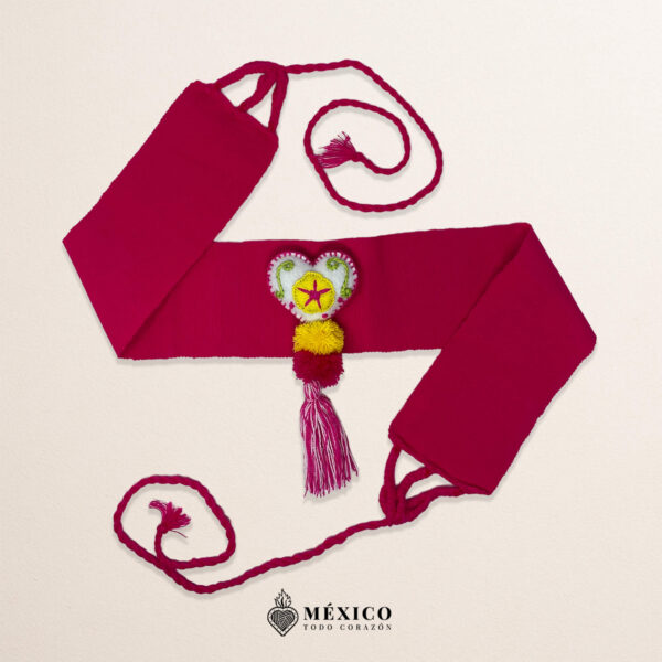 Pink Artisan Mexican Waist Belt Heart Embellishment in Multicolor Yarn & PomPoms