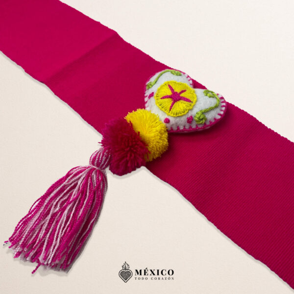 Pink Artisan Mexican Waist Belt Heart Embellishment in Multicolor Yarn & PomPoms