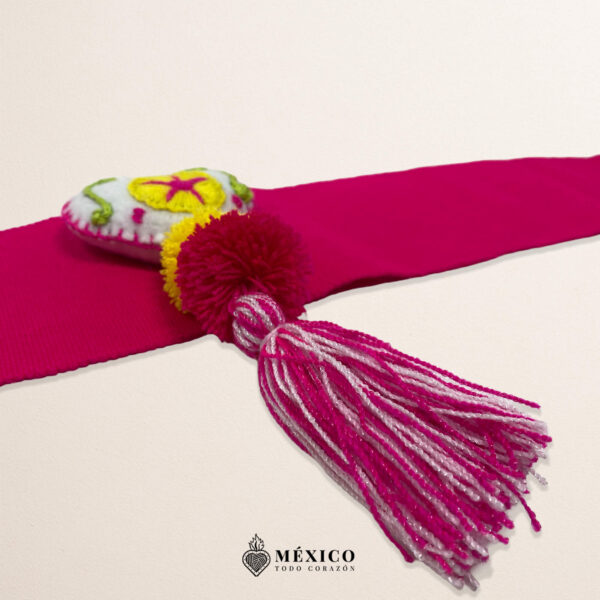 Pink Artisan Mexican Waist Belt Heart Embellishment in Multicolor Yarn & PomPoms