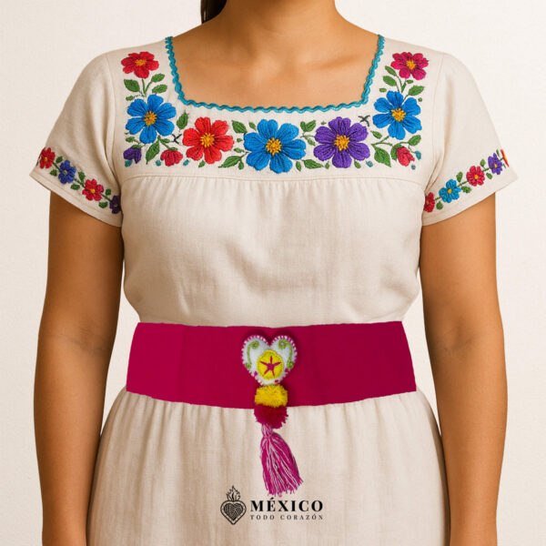 Pink Artisan Mexican Waist Belt Heart Embellishment in Multicolor Yarn & PomPoms