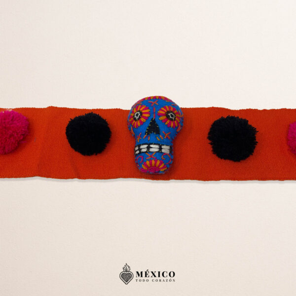 Orange Mexican Waist Belt – Calavera in Blue & Pom-Poms