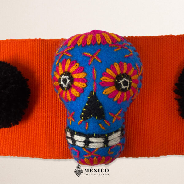 Orange Mexican Waist Belt – Calavera in Blue & Pom-Poms