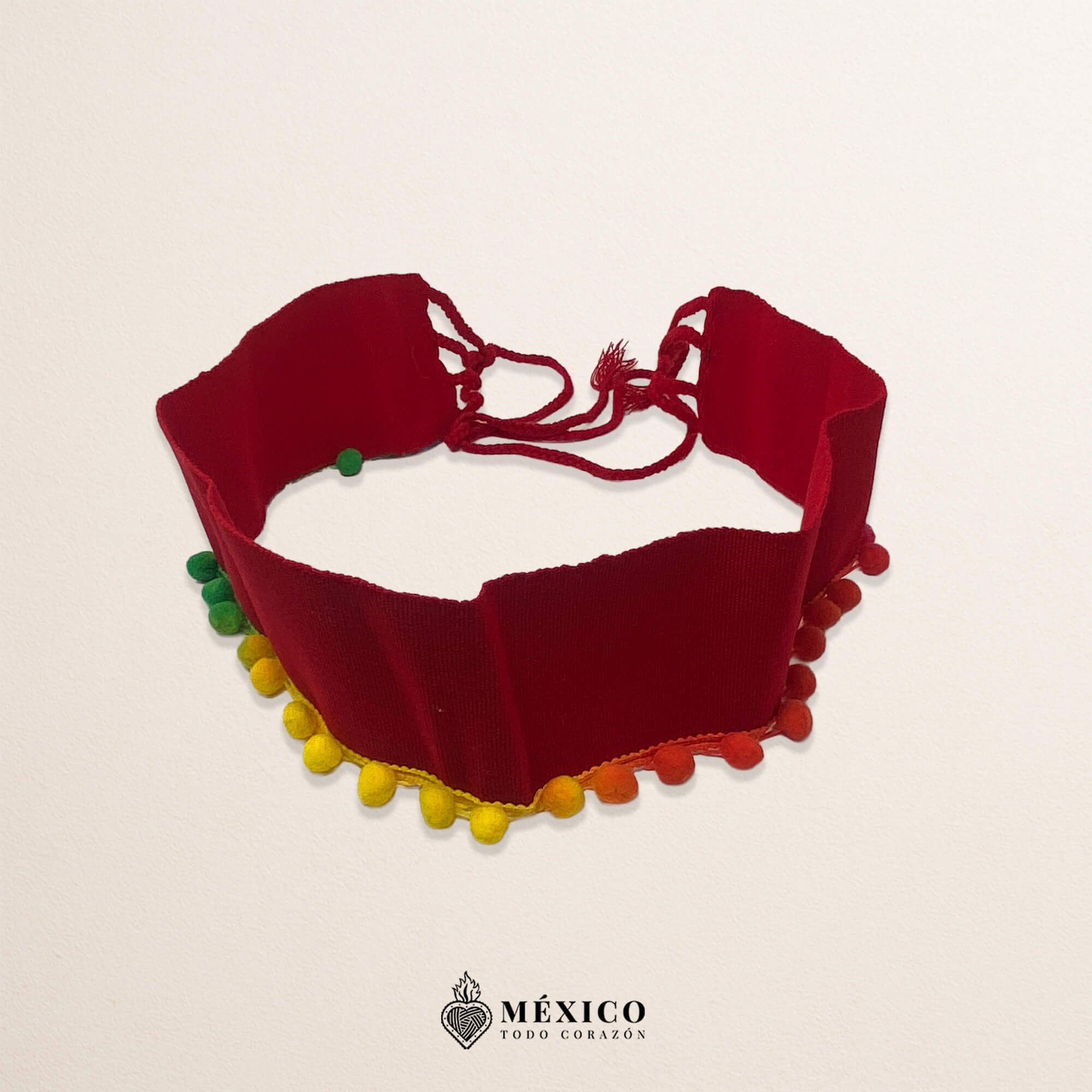 Red Mexican Waist Belt – Multicolor Pom-Pom Embellishment