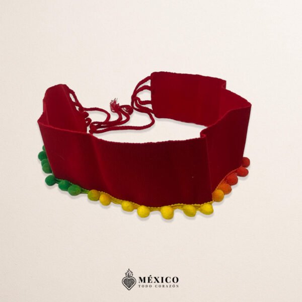 Red Mexican Waist Belt – Multicolor Pom-Pom Embellishment
