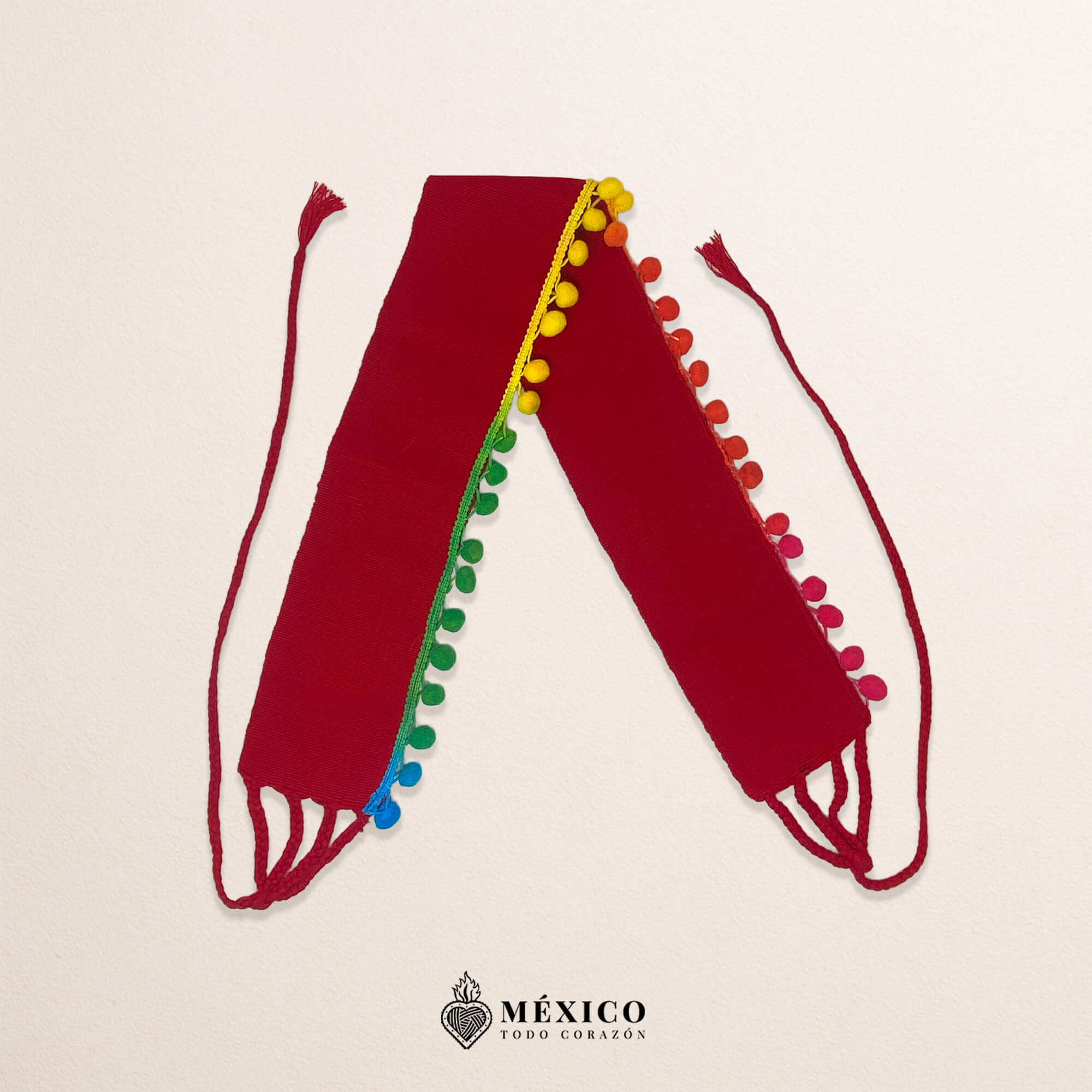 Red Mexican Waist Belt – Multicolor Pom-Pom Embellishment
