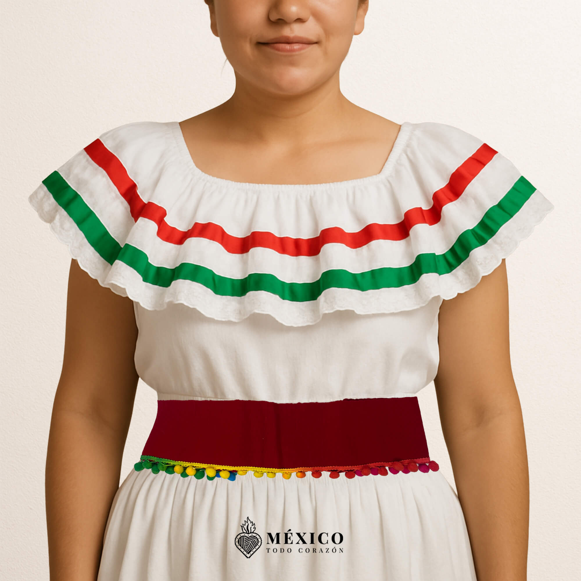Red Mexican Waist Belt – Multicolor Pom-Pom Embellishment