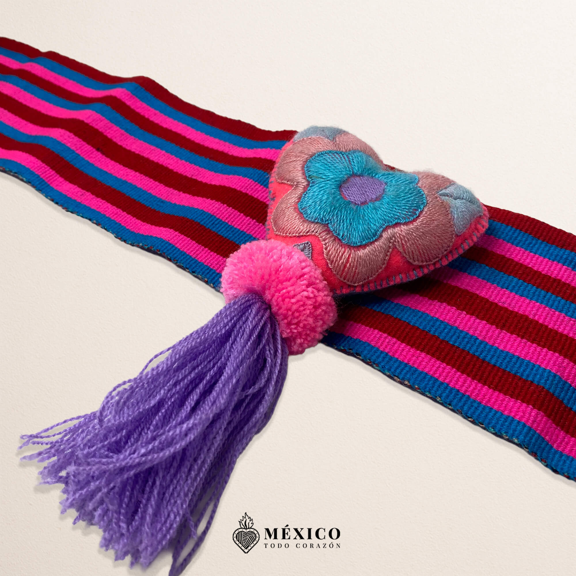 Multicolor Artisan Mexican Waist Belt – Heart Embellishment in Pink Felt