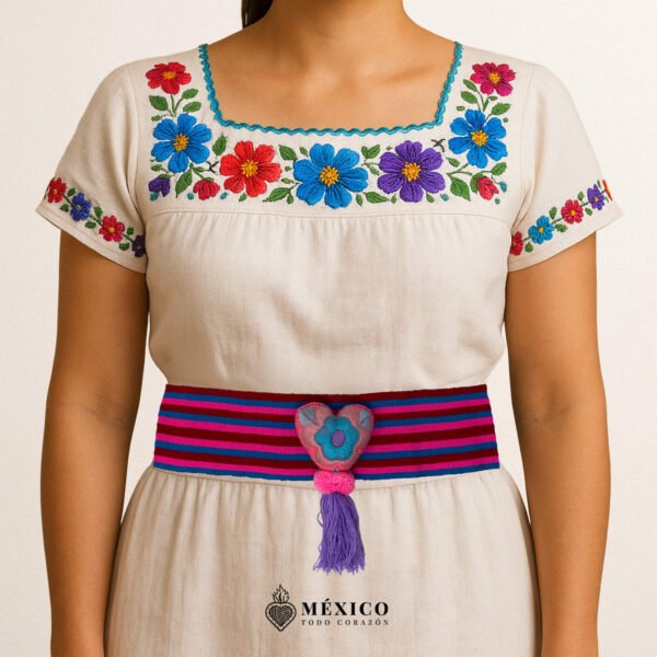 Multicolor Artisan Mexican Waist Belt – Heart Embellishment in Pink Felt