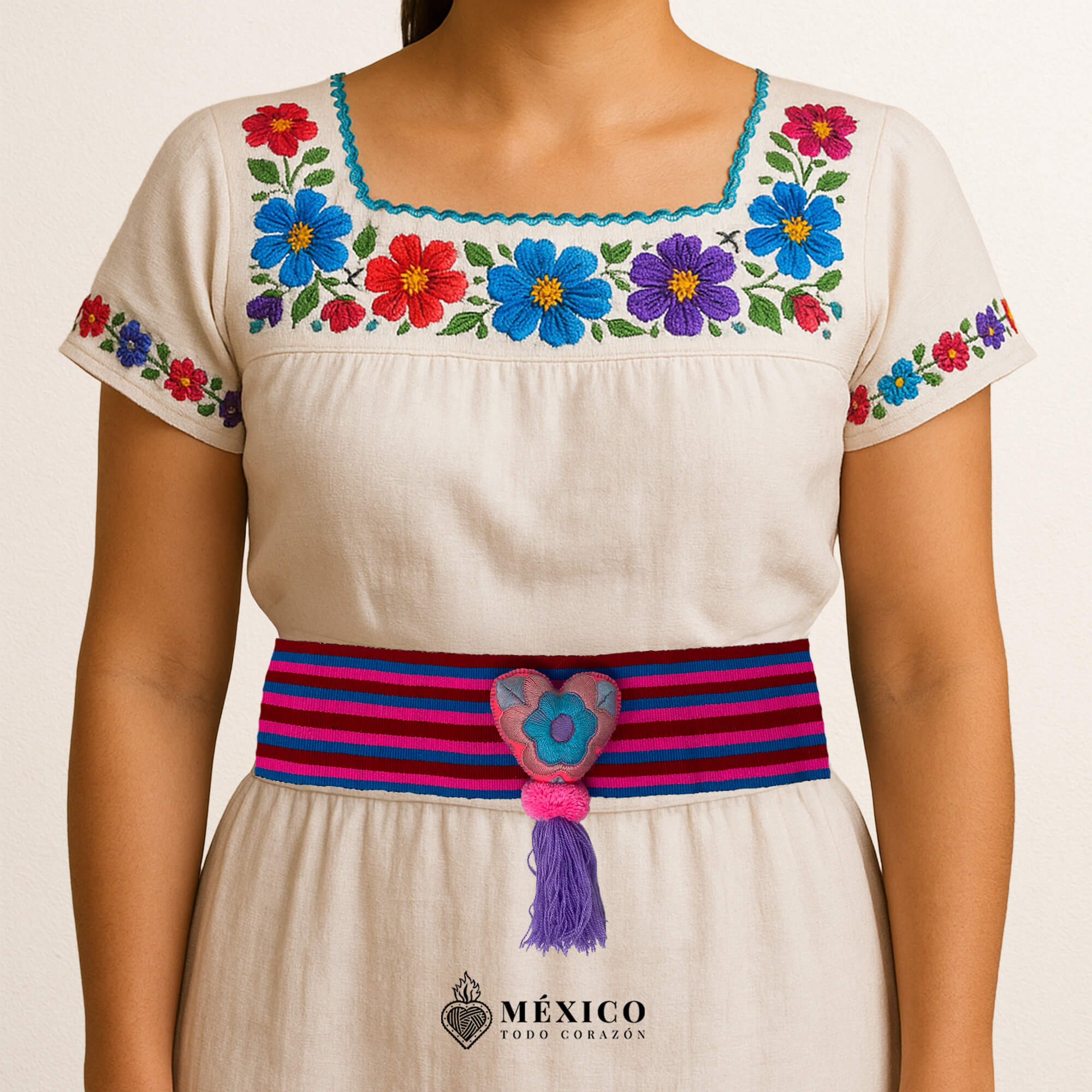 Multicolor Artisan Mexican Waist Belt – Heart Embellishment in Pink Felt