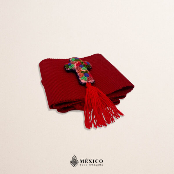 Red Artisan Mexican Waist Belt – Colorful Cross Embellishment in Multicolor Felt