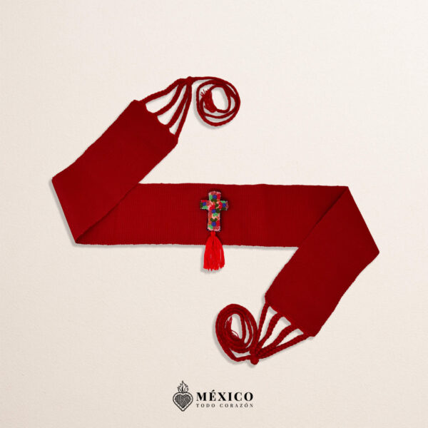 Red Artisan Mexican Waist Belt – Colorful Cross Embellishment in Multicolor Felt
