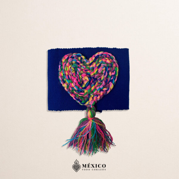 Blue Artisan Mexican Waist Belt – Heart Embellishment in Multicolor Yarn