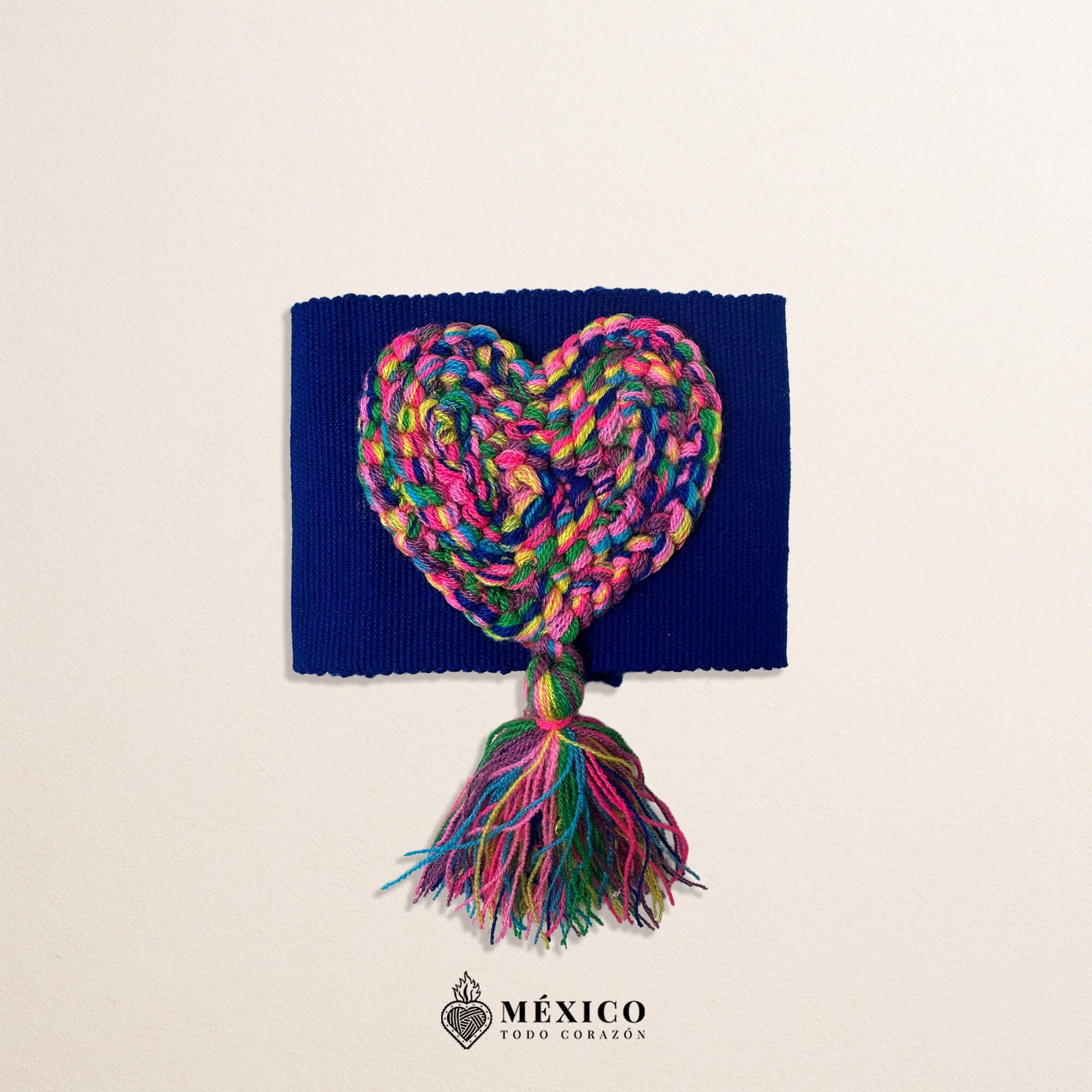 Blue Artisan Mexican Waist Belt – Heart Embellishment in Multicolor Yarn