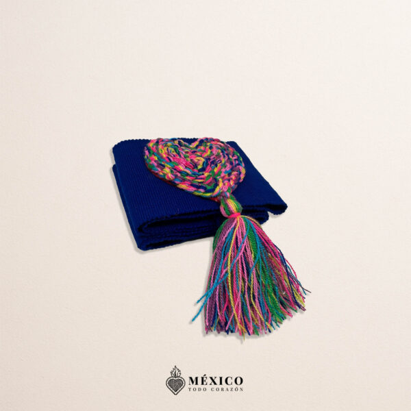 Blue Artisan Mexican Waist Belt – Heart Embellishment in Multicolor Yarn