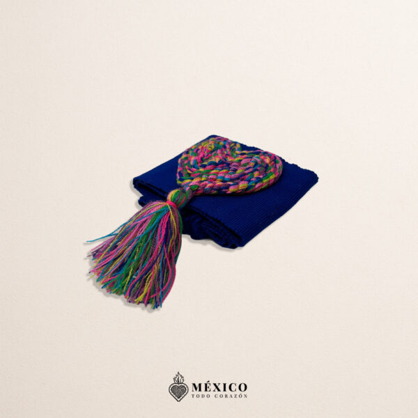 Blue Artisan Mexican Waist Belt – Heart Embellishment in Multicolor Yarn