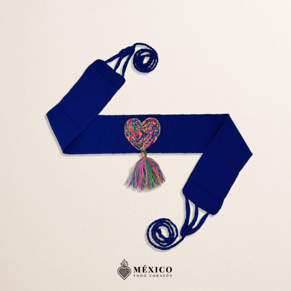 Blue Artisan Mexican Waist Belt – Heart Embellishment in Multicolor Yarn