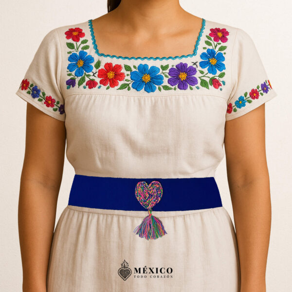 Blue Artisan Mexican Waist Belt – Heart Embellishment in Multicolor Yarn