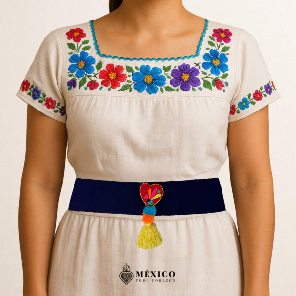Purple Mexican Waist Belt – Heart Embellishment in Multicolor Yarn & Pom-Poms