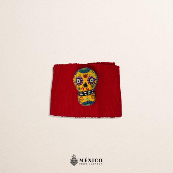Red Artisan Mexican Waist Belt – Calavera & Pom-Poms Embellishment