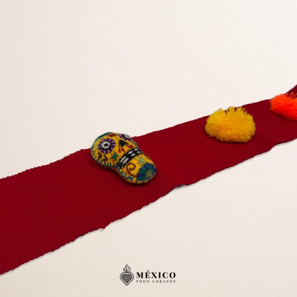 Red Artisan Mexican Waist Belt – Calavera & Pom-Poms Embellishment