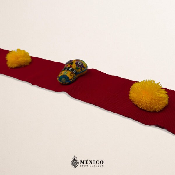 Red Artisan Mexican Waist Belt – Calavera & Pom-Poms Embellishment