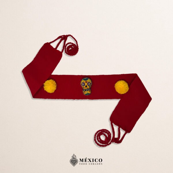 Red Artisan Mexican Waist Belt – Calavera & Pom-Poms Embellishment