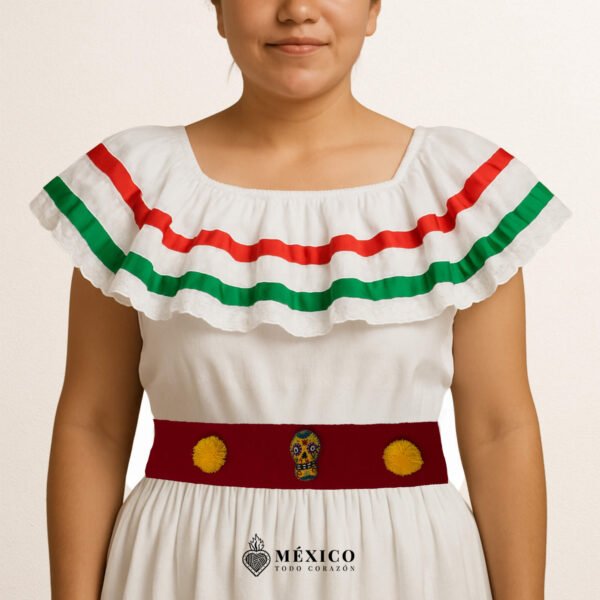 Red Artisan Mexican Waist Belt – Calavera & Pom-Poms Embellishment