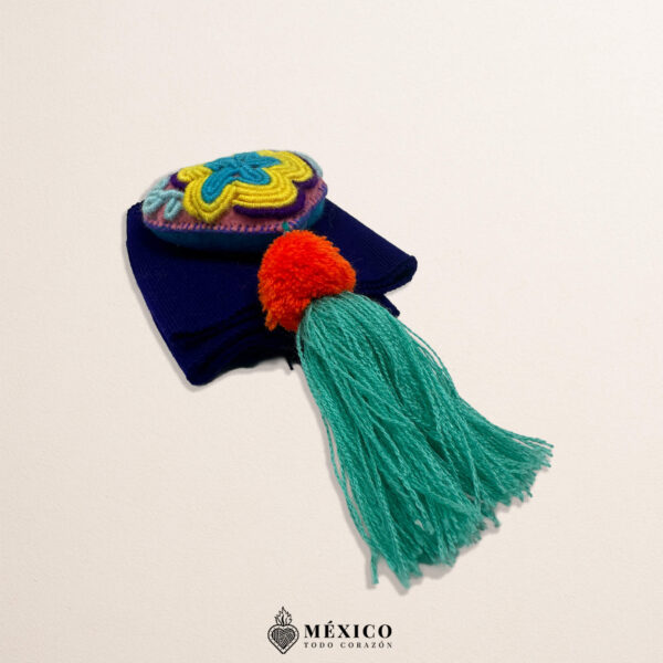 Purple Mexican waist belt featuring a heart embellishment made of multicolor yarn and pom-poms